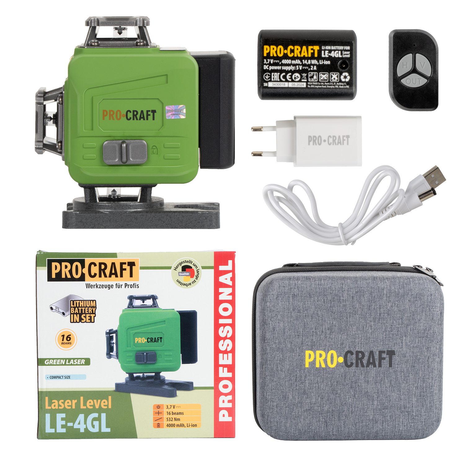 Procraft LE-4GL Zelený čiarový laser, krížová samonivelačná rovina | LE-4GL